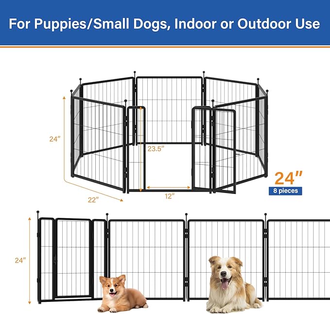Dog Playpen 24 inch 8 Panels for Indoor & Outdoor Use – Heavy-Duty Metal Pet Fence with Ground Stakes, Rounded Ball Tops for Safety, Stable & Foldable Design, Easy to Assemble