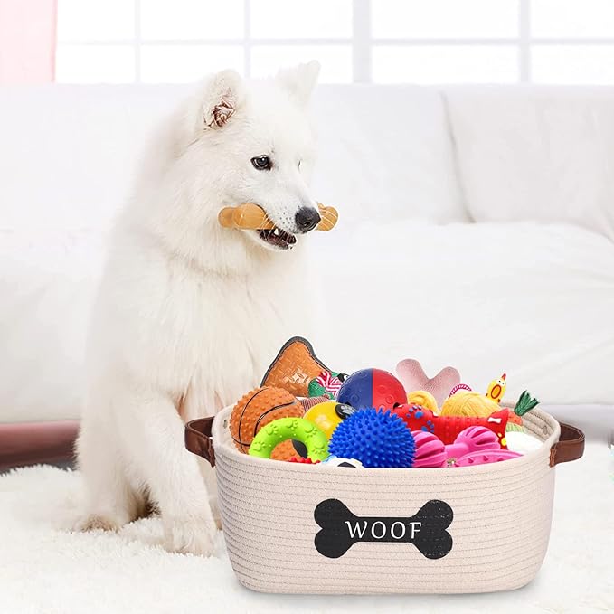 Cotton Rope Dog Toy Storage Basket Medium, Dog Toy bin with Handle,Dog Stuff Organizer - Perfect for organizing pet Toys, Blankets, leashes, Pee mats and Diapers,Nursery Decor Basket-Beige