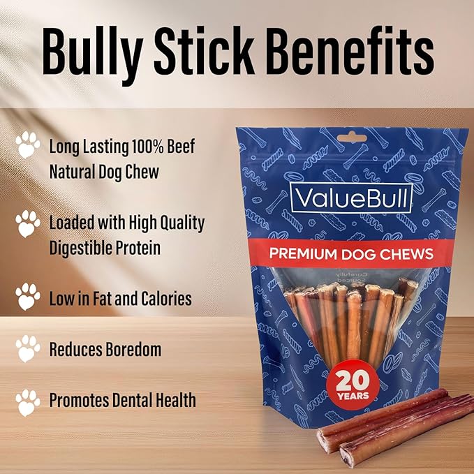 ValueBull Bully Sticks for Small Dogs, Thin 6 Inch, 50 Count - All Natural, Grass Fed, Single Ingredient, Long Lasting Dog Treats
