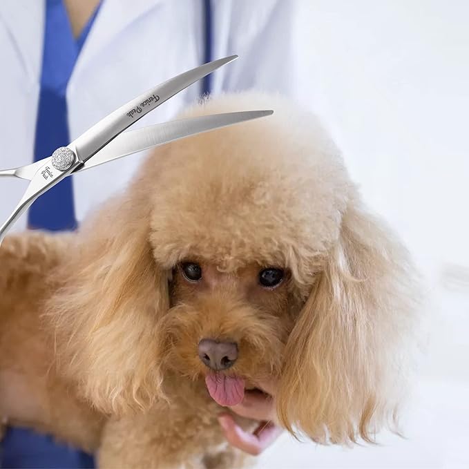 Fenice Peak Curved Dog Grooming Scissors with Jewelled Screw 440C Stainless Steel Pet Grooming Bending Scissors with Symmetrical Handle and Decorative Tail Nails Professional Groomer and Home User