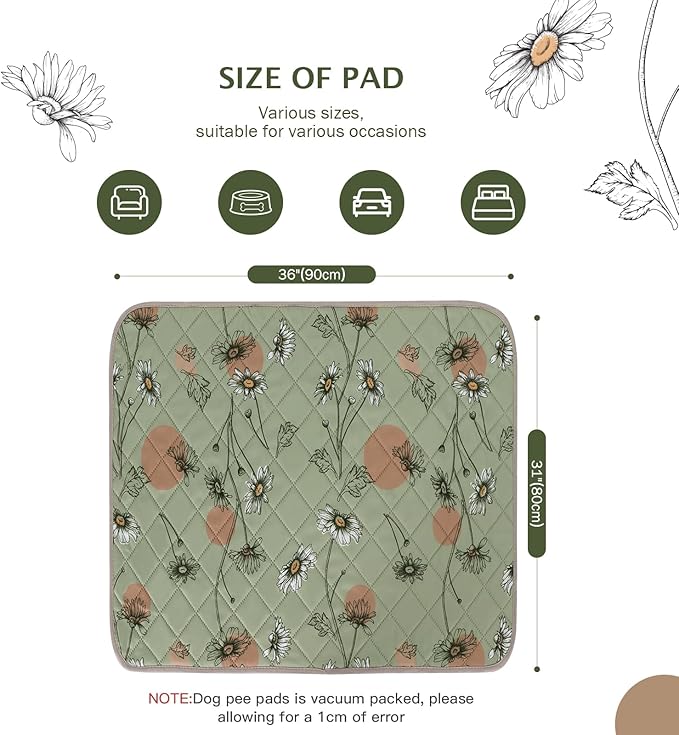 IEUUMLER Washable Pee Pads for Dogs, 2 Pack Non-Slip & Waterproof Whelping Pad, Reusable Puppy Potty Training with Fast Absorbent for Playpen EU007 (Grass Green Daisy, 31"X36"-2pcs)