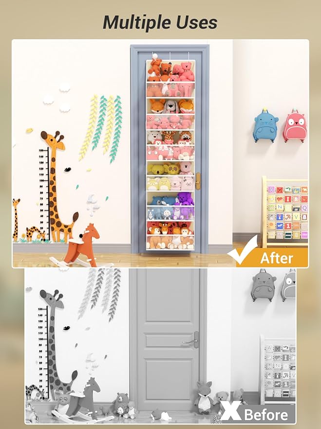Over Door Hanging Organizer with 6 Shelves, Stuffed Animal Storage - Behind Door Storage for Bedroom, Nursery, Dorm Room, 1 Pack, Beige