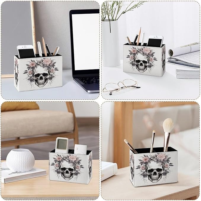 Famame Vintage Skull Flowers Skeleton Pencil Holder for Desk, Leather Desktop Container Pen Cup Storage Study Table Pen Organizer Makeup Brush Holder for Classroom Office Home