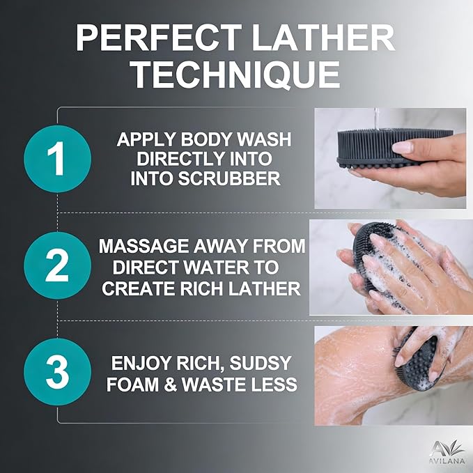 Avilana Silver Edition Exfoliating Body Scrubber - Silver-Ion Infused Silicone Bath Brush, ISO Tested Dual Sided, Stays Fresh Firm Bristles Smooth Rough Bumpy Skin Texture Loofah Alternative Women Men