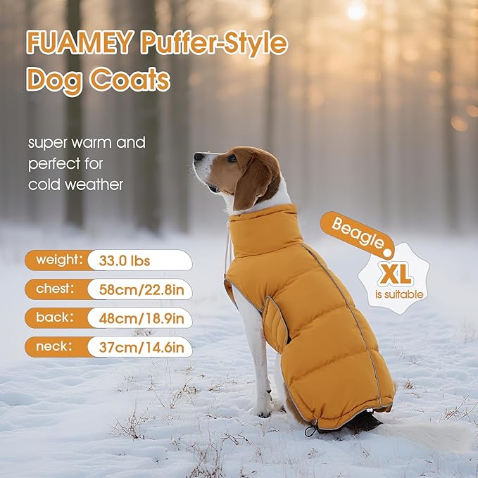 FUAMEY Dog Puffer Jacket for Large Dogs,Dog Cold Weather Coats Winter Dogs Down Jackets Waterproof Pet Snowsuits Warm Puppy Winter Vest Turtleneck Pets Adjustable Jackets Coats Mustard Yellow XL