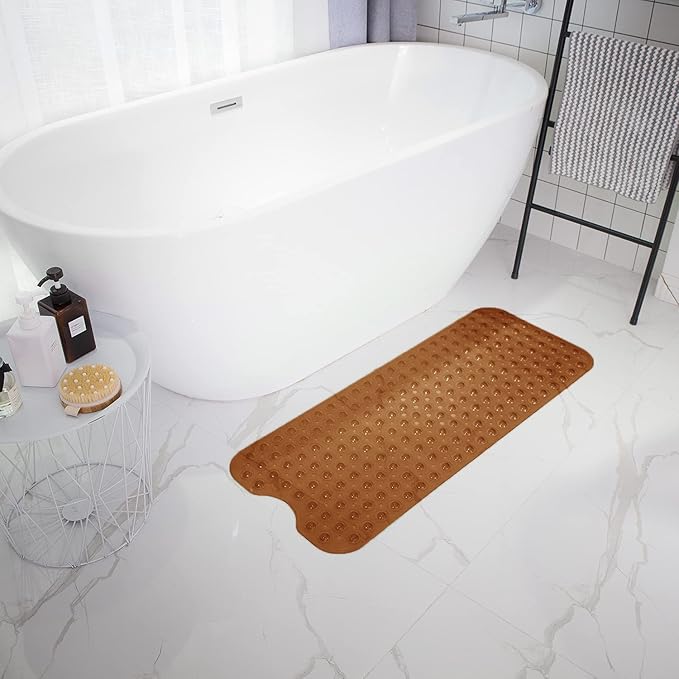 Bathtub Mats for Shower Tub, Extra Long Non-Slip 39 x 16 Inch Bath Mat with Drain Holes and Suction Cups, BathMat for Bathroom with Machine Washable (Clear Brown)