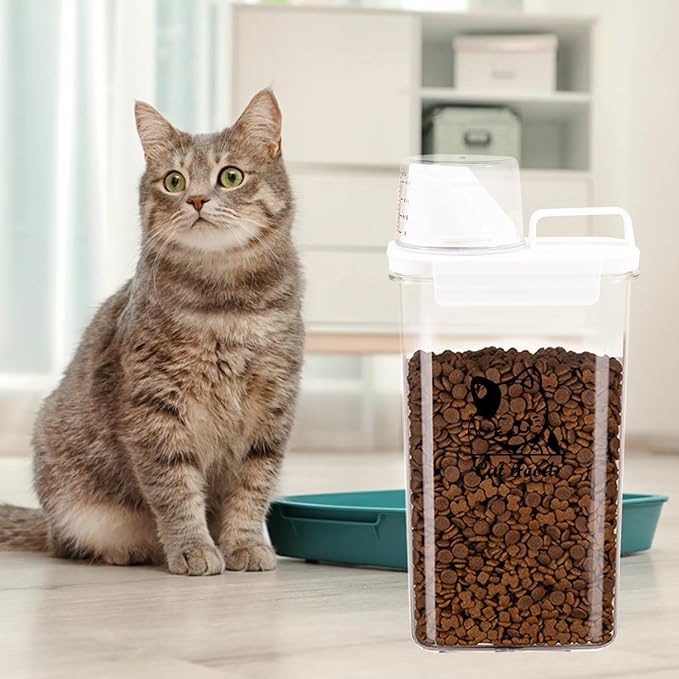 Brabtod Cat Food Storage Container Small |3lb/2.5 L Clear Plastic Cat Food Treats Container Airtight with Measuring Cup|Portable Pet Food Containers Ideal for Travel| Easy Pour|BPA Free