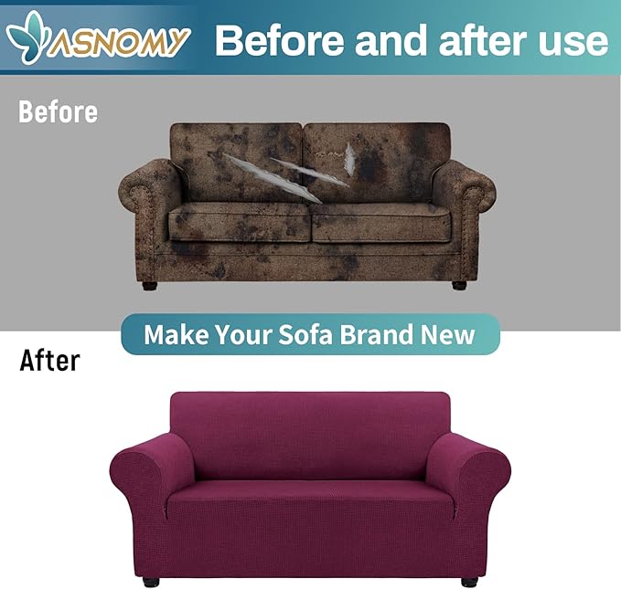 Asnomy Sofa Covers for 2 Cushion Couch Stretch loveseat Covers Slipcovers, Pet Protector Furniture Covers for Dogs Cats Spandex Jacquard Fabric Small Checks (Medium,Wine Red)