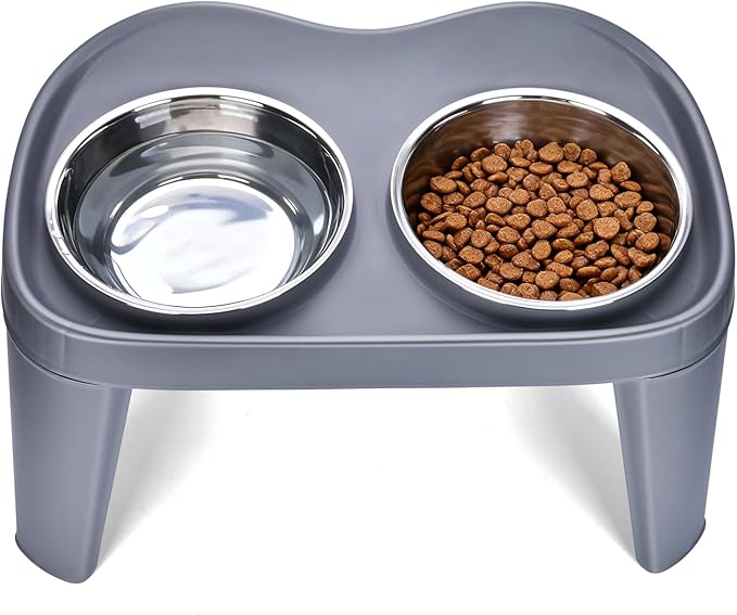 Petizer Small Sized Elevated Dog Bowls, No Spill Pet Feeder, Raised Bowl Stand with 2 Thick 35OZ Stainless Steel Food and Water Bowl Set, Grey (for Small/Medium Dogs)