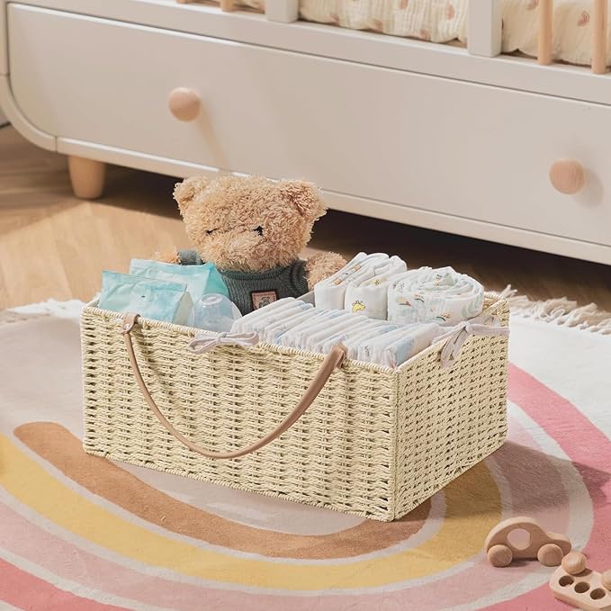 HBlife Large Baby Diaper Caddy Organizer, Paper Rope Storage Baskets Nursery Bin with Removable Divider, Portable Car Organizer for Diapers, Baby Shower Gifts, Newborn Essentials Must Haves