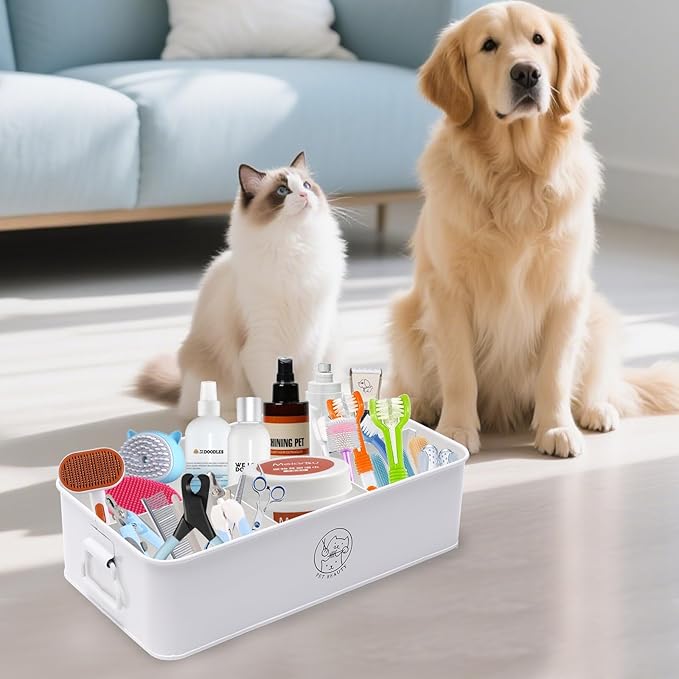 Premium 4-Compartment Dog Grooming Organizer,Metal Caddy for Pet Stuff with Handle-Powder Coated Storage Bin for Dog Cat Grooming Kit,Clippers,Brushes,Scissors & Supplies-White