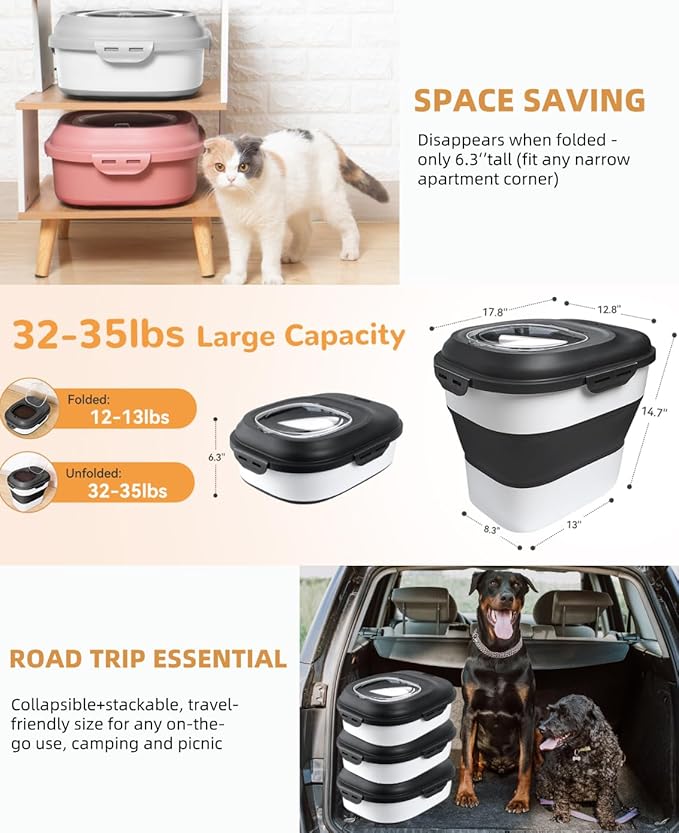 DDMOMMY 30-35 Lbs Dog Food Storage Container Collapsible Dog Food Container with Airtight Lids, Wheels, Scoop and 2pcs Food Storage Containers, Large Pet food storage for Dog, Cat (Black)
