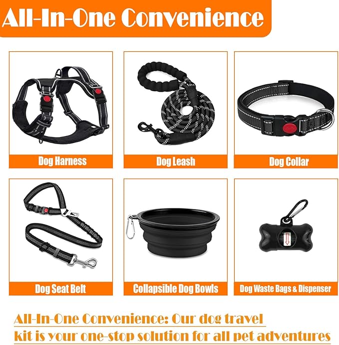 No Pull Dog Harness, Collar & Leash Set | Includes Dog Seat Belt, Collapsible Bowls & Poop Bag Dispenser. Ideal for Training, Walking, Hiking. Fits Small to Large Dogs(Black-M)