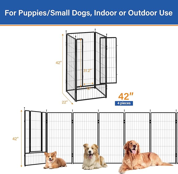 Dog Playpen 42 inch 4 Panels for Indoor & Outdoor Use – Heavy-Duty Metal Pet Fence with Ground Stakes, Rounded Ball Tops for Safety, Stable & Foldable Design, Easy to Assemble