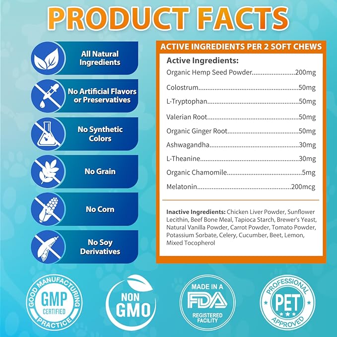 Cat Hemp Calming Treats - 200 Count - Calming Chew for Cat - Calming Treats for Cats with Valerian Root Chamomile Melatonin for Cat Anxiety Relief, Storms, Travel, Separation - Chicken Flavor