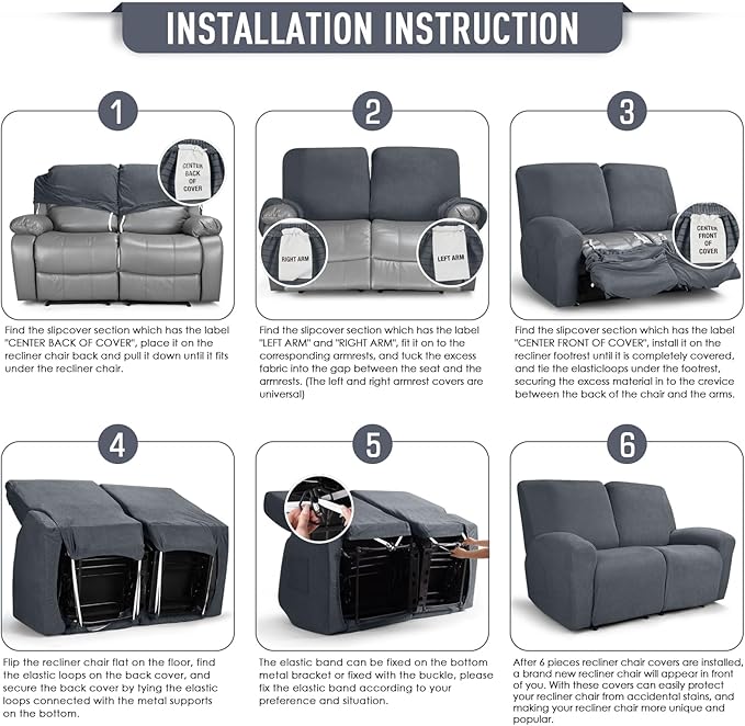 TAOCOCO Recliner Loveseat Slipcover, 6 Pieces Dual Recliner Sofa Covers for 2 Seat Dual Reclining Loveseat Couch, Stretch Soft Jacquard Pattern Furniture Protector with Elasticity (2XL, Grey)