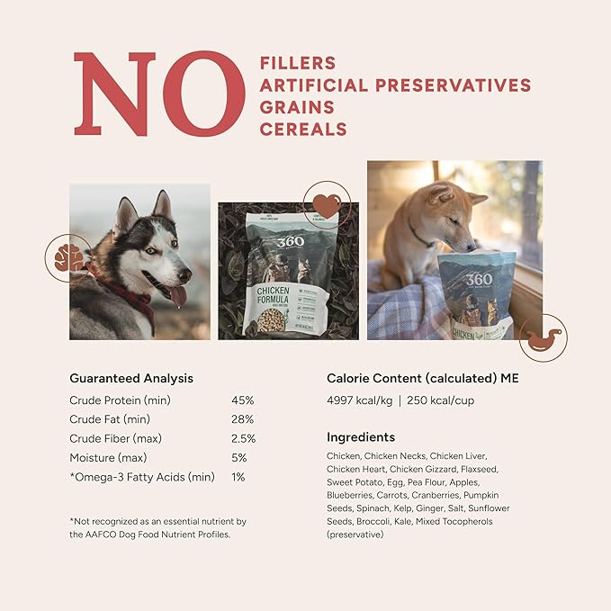 360 Pet Nutrition Freeze-Dried Raw Dog Food – Chicken Recipe with Liver & Organs, High Protein, Omega-3s, Fruits, Veggies & Superfoods, Grain-Free, No Fillers, 1 lb – Made in USA