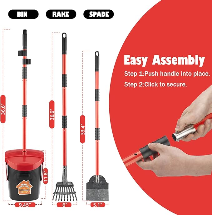 HUZSV Dog Pooper Scooper With Bag Attachment,Heavy Duty Metal Rake&Spade Swivel Bin,NonBreakable Poop Scoop for Small Large Dogs,Includes 100 Waste Bag Odorless Design Easy to Use on Grass,Dirt,Gravel