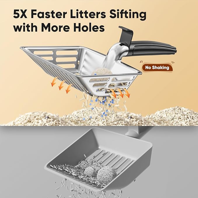 KooMooM Metal Cat Litter Scoop, Large Cat Scooper with Deep Shovel & Dual Sifting Holes for Fast & Precise Sifting, Space Aluminum Kitty Litter Scooper with Long Handle & Easy-to-Hang Hook - Black