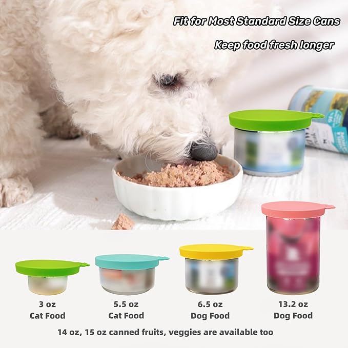 MoPawKT- Silicone Pet Food Can Covers Lids, 3 Inner Diameters 2.6”/3”/3.4” Fit for 3-15 oz Standard Cat & Dog Food Cans/Tins, Multi-Size Canned Food Covers, BPA Free, Reusable (Blue+Green, 1 spoon)