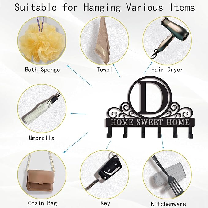 Metal Letter D Key Holder for Wall, Monogram Coat Rack Wall Mount, Key Hooks Perfect for Bathroom, Living Room, Kitchen, Office Ideal Wedding, Anniversary, Housewarming Gift (D)