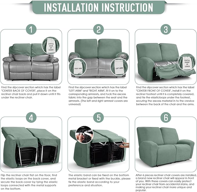 TAOCOCO Recliner Loveseat Slipcover, 6 Pieces Dual Recliner Sofa Covers for 2 Seat Dual Reclining Loveseat Couch, Stretch Soft Jacquard Pattern Furniture Protector with Elasticity (Sage Green)
