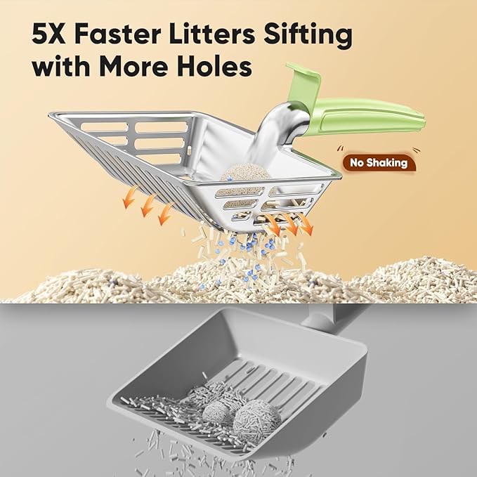 KooMooM Metal Cat Litter Scoop, Large Cat Scooper with Deep Shovel & Dual Sifting Holes for Fast & Precise Sifting, Space Aluminum Kitty Litter Scooper with Long Handle & Easy-to-Hang Hook - Mint
