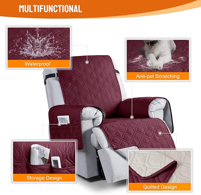 VANSOFY 100% Waterproof Recliner Chair Covers, Recliner Cover Non-Slip Dog Chair Cover Furniture Protector Washable Slipcover with Pocket, Elastic Straps for Pets, Dogs(Burgundy, 22")