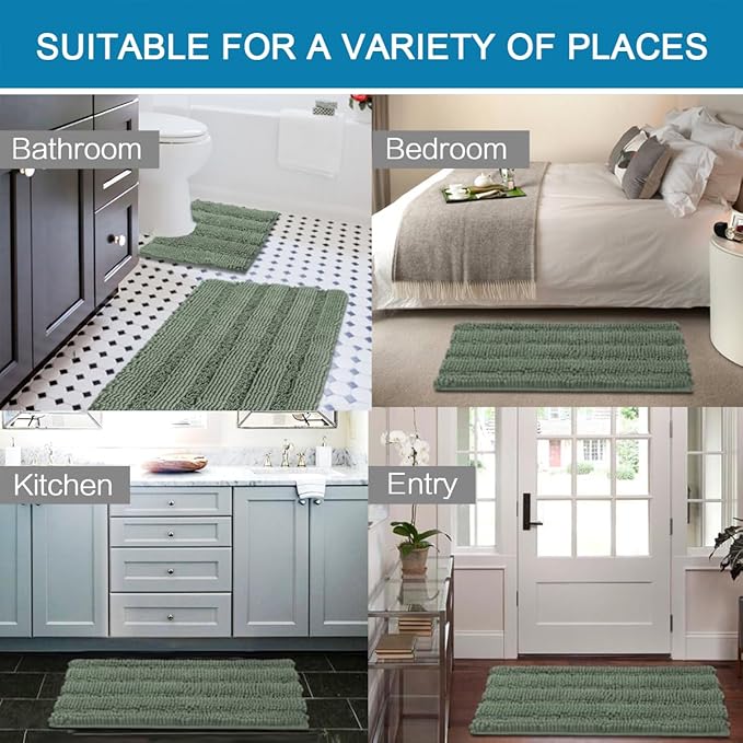 H.VERSAILTEX Bathroom Rugs Bath Rug Set 2 Piece Bathroom Contour Rug Toilet Mat Non Slip Contour Bath Rug Ultra Thick Water Absorbent Striped Bath Mats Washable(36" x 24" Plus 20" x 24" U, Green Bay)