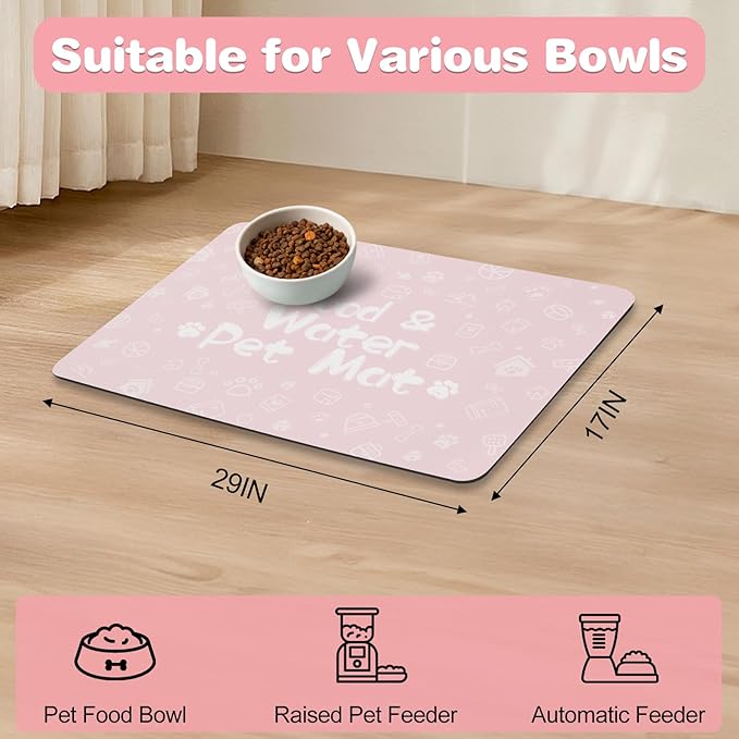 Pet Feeding Mat,Dog Cat Mat for Food and Water,Dog Bowl Waterproof Placemat with Rubber Backing,Absorbent Quick Dry Water Dispenser Mat for Pet(Pink 17"×29")