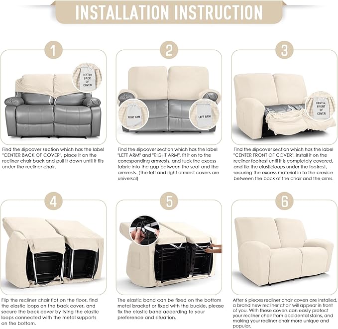 TAOCOCO Recliner Loveseat Slipcover, 6 Pieces Dual Recliner Sofa Covers for 2 Seat Dual Reclining Loveseat Couch, Stretch Soft Jacquard Pattern Furniture Protector with Elasticity (2XL, Beige)