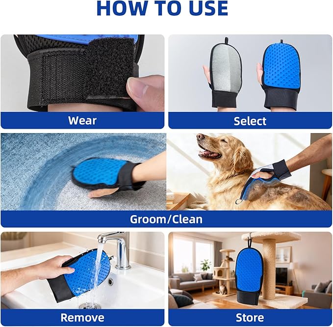 Pet Hair Removal Glove for Dog & Cat, Reusable Magic Pet Hair Brush, Pet Grooming Gloves, Electrostatic Pet Hair Remover Tool for Sofas, Carpets, Furniture, Car Seats and Clothing (Blue)