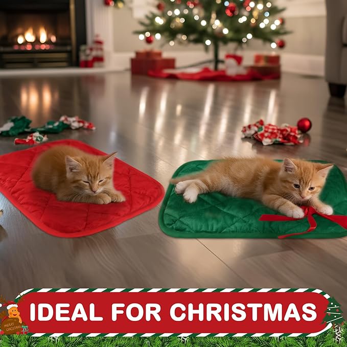 2 Pack Self Heating Cat Mat Self Warming Pet Pads Washable Kennel Mat Dog Crate Pad Reflects Body Heat Non Skid Cat Thermal Pads for Puppy Indoor Outdoor (Red, Green,16 x 20 Inches)