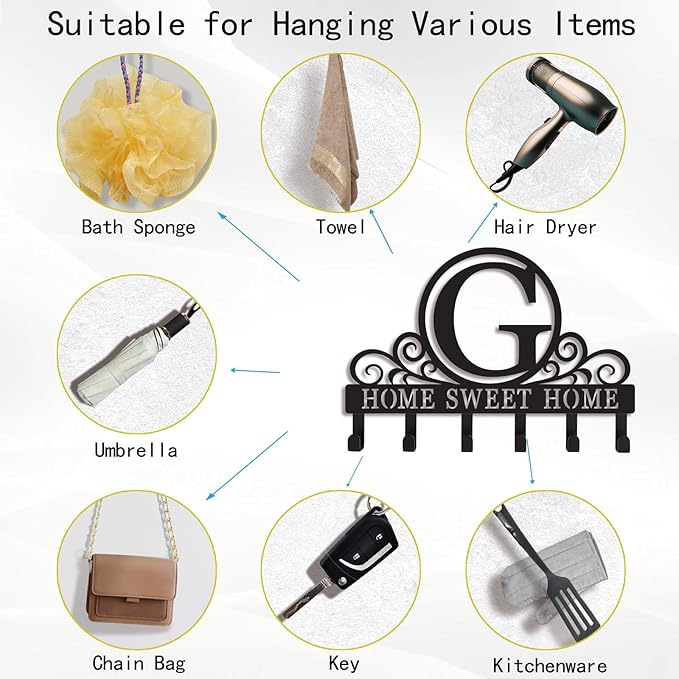 Metal Letter G Key Holder for Wall, Monogram Coat Rack Wall Mount, Key Hooks Perfect for Bathroom, Living Room, Kitchen, Office Ideal Wedding, Anniversary, Housewarming Gift (G)