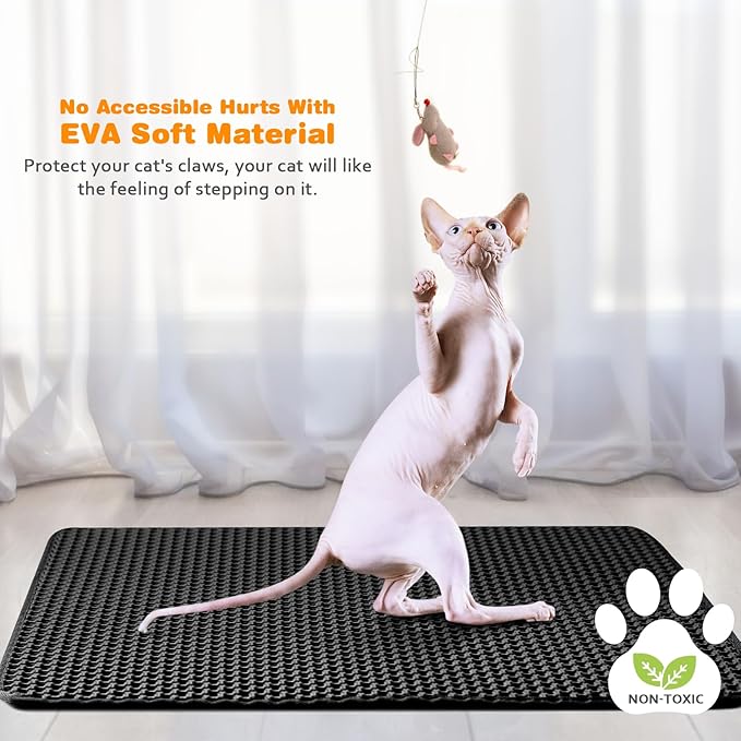 blissstorm Waterproof Cat Litter Mat, Double Layer EVA, Odor-Free Large Grid, Urine Proof, Easy Cleanup (Black, 24 x 35)