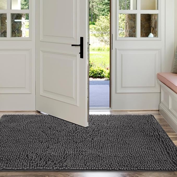 Futurwit Dog Door Mat for Muddy Paws, 96" x 48" Chenille Absorbent Front Door Mat Inside, Large Runner Mud Mat for Dogs, Trap Dirt Washable Non Slip Outdoor Indoor Entrance Doormats, Grey