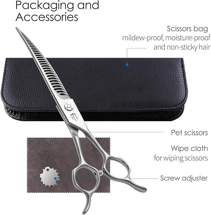 Dog Grooming Scissors: Pet Shears Made Of Japanese 440C Advanced Stainless Steel Professional Grooming Scissors for Dogs Cats and Other Pets (A Curved Chunker, 7.0 inch)