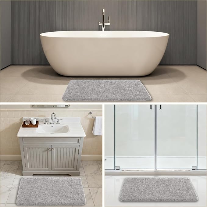 Light Gray Bathroom Rugs 24"x36" - Fluffy Microfiber Bath Mat, Non Slip and Absorbent Bathroom Floor Mat, Machine Washable Plush Rug - Ideal for Tub, Cabinet or Washroom