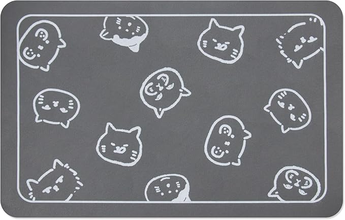 YCT Cat Food Mat for Pet Dog Feeting Mats, Cat Mat for Food and Water, Non-Slip Super Absorbent, with Multiple cat Heads Logo,18.1 x 11.8 inches, Dark Grey