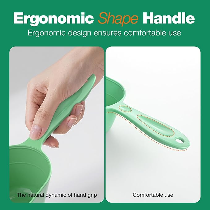 Fenenik Pet Food Scoop 2 Pack, Dog Cup Capacity Cat Food Scooper With Measuring Lines For Dog, Puppy and Cat Coffee Bean, Flour Scoop Light Green
