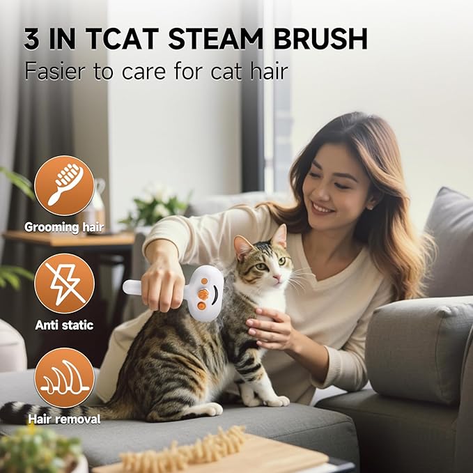 Pet Steam Brush for Dog & Cat – 3-in-1 Spray Hair Removal Comb – Steam for Shedding & Grooming – Water Brush for Long & Short Haired Pets – Spritz Defur Comb – Includes 2*Waterless Shampoo