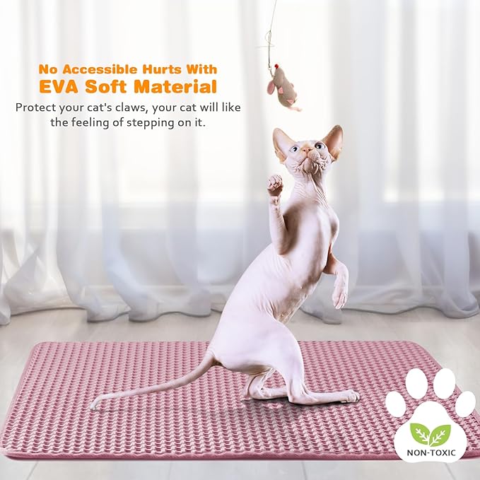 blissstorm Waterproof Cat Litter Mat, Double Layer EVA, Odor-Free Large Grid, Urine Proof, Easy Cleanup 24 x 35, Pink