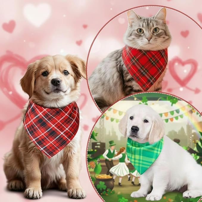 Abbylike 100 Pcs Valentine's & St. Patrick's Day Dog Bandanas Bulk Red & Green Plaid Bandanas for Dogs Triangle Kerchief Bib Scarf for Pet Holiday Costume Photo Props Accessories (19.7 x 13.8 x 13.8)