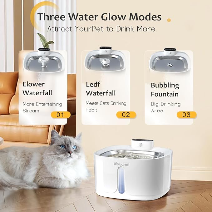 Cat Water Fountain for Drinking with Stainless Steel Lid, Pet Water Fountains 3.2L/108 OZ Automatic Water Dispenser Bowl with Filter Pump Spout for Indoor Pets, Rechargeable