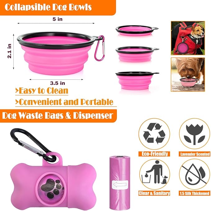 No Pull Dog Harness, Collar & Leash Set | Includes Dog Seat Belt, Collapsible Bowls & Poop Bag Dispenser. Ideal for Training, Walking, Hiking. Fits Small to Large Dogs(Pink-M)
