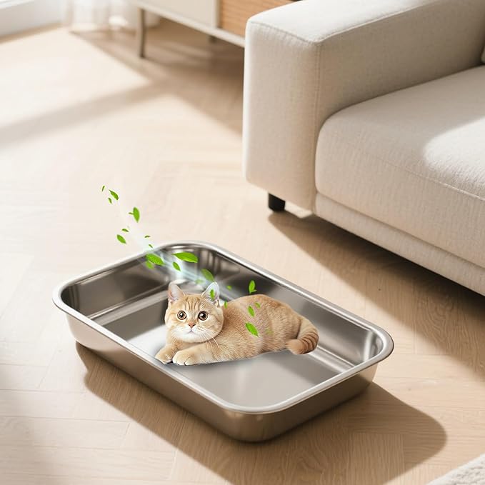 Low Entry Stainless Steel Cat Litter Box for Kittens, Metal Shallow Kitty Litter Box, Easy Access Kitty Litter Pan Tray,Pet Bathroom Accessories-15.75''Lx 11.81'' W x2.76'' H