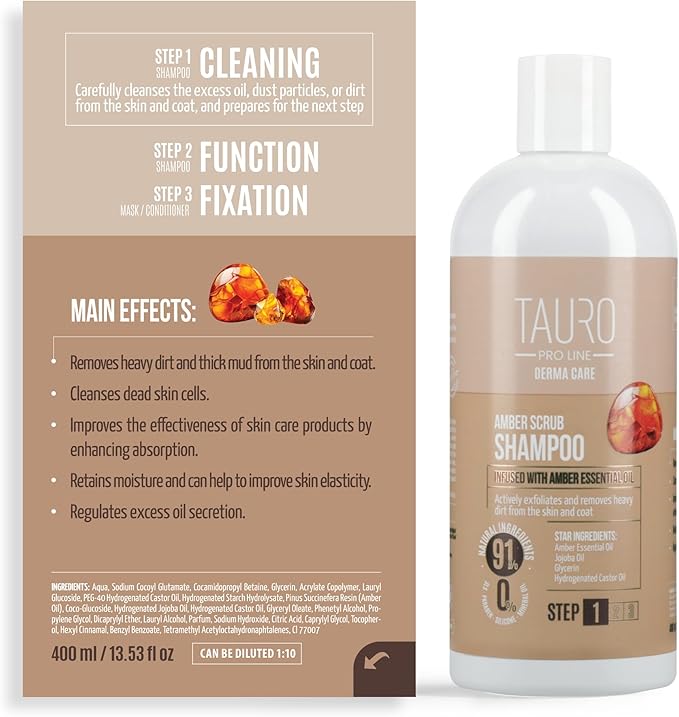 Tauro Pro Line Dog Shampoo for Itchy Skin Relief, Exfoliating Pet Wash Scrub for Deep Cleansing, Pet Shampoo for Dogs, Cat & Puppy Sensitive Skin (Derma Care 13.5 Fl Oz)