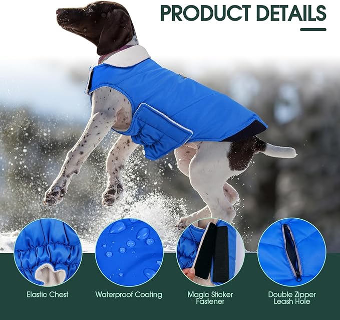 Kuoser Dog Winter Coat Cold Weather Reflective Waterproof Dogs Jacket, Warm Fleece Lined Turtleneck Doggy Vest with Zipper, Dog Snow Jacket Pet Apparel for Small Medium Large Dogs, Blue 2XL