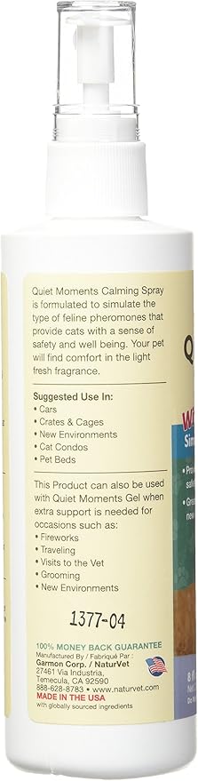 NaturVet Quiet Moments Herbal Calming Spray, 8 Ounce- Feline