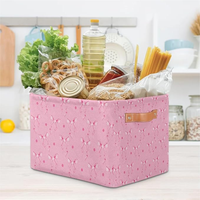 Valentines Day Cubes Storage Baskets,Pink Bow Ribbon Clothes Storage Box Bin,Open Shelves Basket Organizer Kid Boys Girls Toy Gifts Basket Empty for Bedroom Decorative